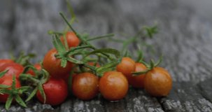 Red freshness organic tomato group food ingredient on wood table slide video