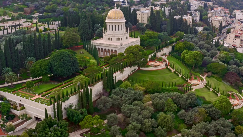 Bahai gardens in Haifa, Israel, 4k aerial drone view
