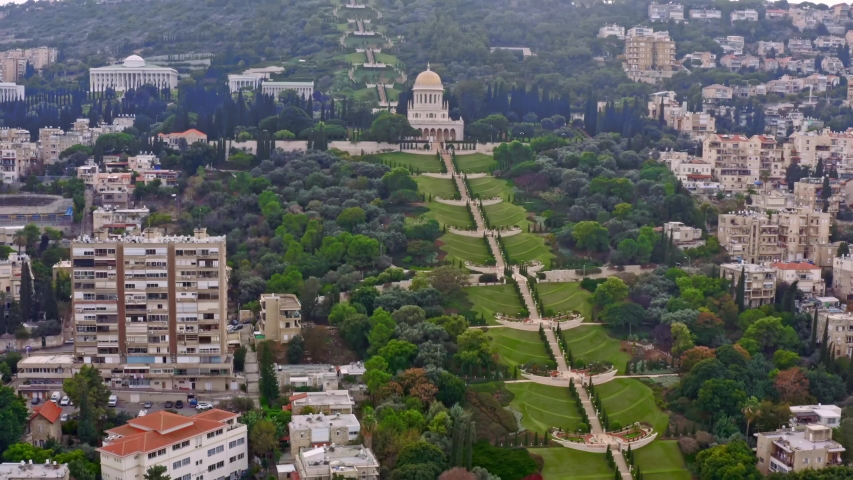 Bahai gardens in Haifa, Israel, 4k aerial drone view