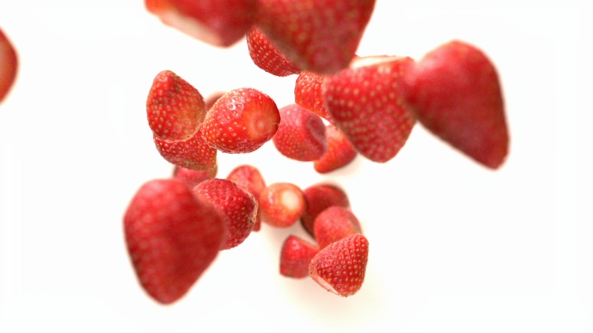 Strawberries Flying Falling in the Air Tabletop Shot on HighSpeed Camera 4K