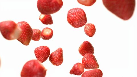 Strawberries Flying Falling in the Air Tabletop Shot on HighSpeed Camera 4K