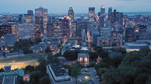 Aerial: Montreal City Skyline at night. Quebec, Canada 