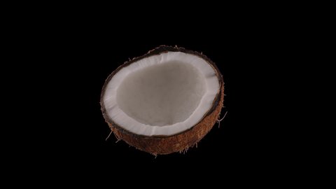 Half Cracked Coconut Spinning and Rotating Isolated Against Transparent Background With Alpha Channel High Resolution Floating Object Element for Food and Drink Video 
