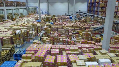 Warehouse with workers, cardboard boxes inside on pallets racks, logistic center