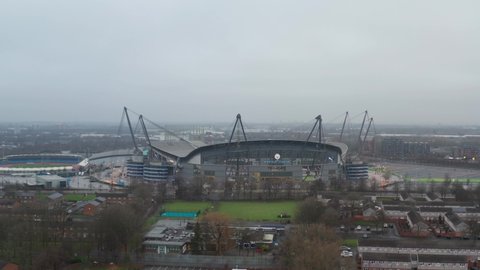 MANCHESTER, UK - 2020: Wide aerial shot of the Etihad Stadium in Manchester