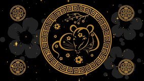 Lunar New Year, Spring Festival background with rat simbol, sakura, glittering fireworks. Chinese new year black magical night backdrop for holiday event 3D rendering animation. Seamless loop 4k video