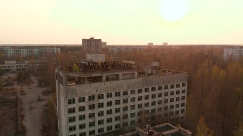 Chernobyl, Ukraine - April, 2109: Chernobyl nuclear power plant. Hotel Polesie. Soviet Union. Abandoned city. Views of the city of Pripyat near the Chernobyl nuclear power plant, aerial view.