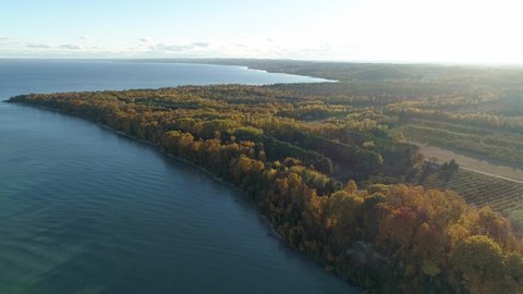 Aerial view of Suttons Bay, Michigan at sunset in the fall