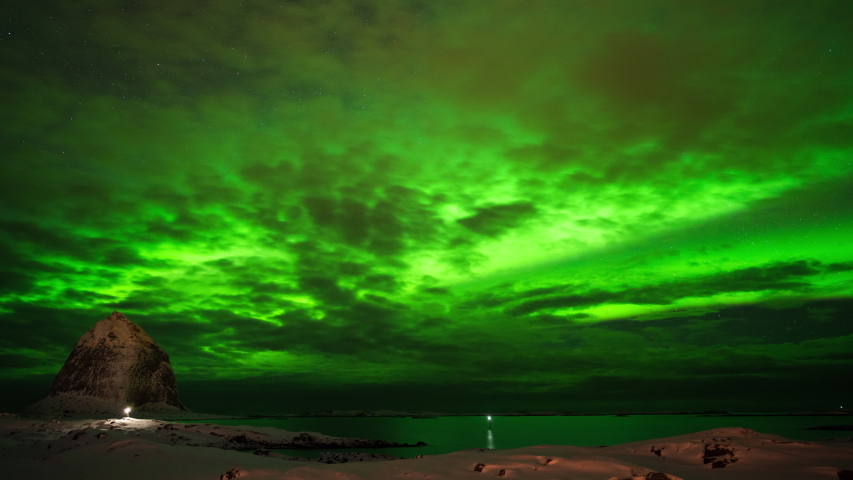 Time lapse of northern lights (aurora borealis) over Træna archipelago, Nordland, Norway