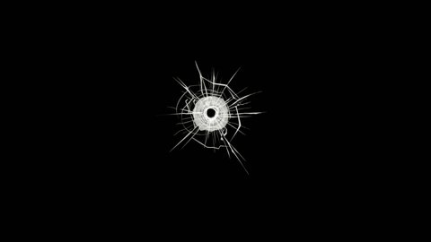4K Bullet glass hole with glass impact on black background, Glass hit, Gun fire on glass.