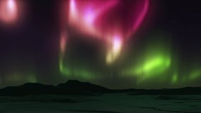 Animation of spectacular Bright realistic Aurora Borealis landscape. Time lapse clip of Polar Light or Northern Light in the night sky. Blue, pink and green colors. Motion of starry sky on background