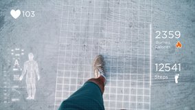 Man feet walking outdoors. Futuristic fitness tracker app. Augmented Reality Interface with Health Data of burned calories, heart rate, run distance, foot steps counter. First person. Hologram display - Powered by Shutterstock - Get 15% off with code: PIKWIZARD15