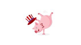Set of Cute cartoon pig with American hat. 4th of July. Happy Independence Day. Animation on white background.