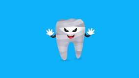 Funny cartoon tooth halloween character design animation. witch, devil, zombie, skull, mummy, Dracula on blue background. Happy Halloween concept.  