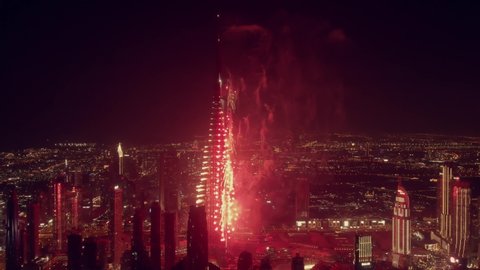 DUBAI, UNITED ARAB EMIRATES - DECEMBER 31, 2019. Aerial view of the New Year's Eve fireworks on famous Burj Khalifa skyscraper