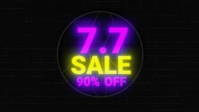7.7 Online Shopping sale neon sign on dark background. Global shopping world day.
