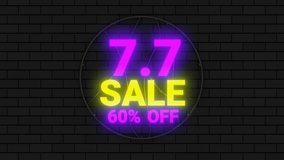 7.7 Online Shopping sale neon sign on dark background. Global shopping world day.