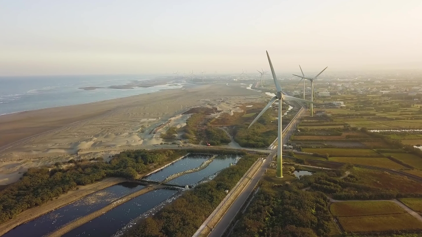 Aerial shot of windmills in wetlands & farms,Taichung,Taiwan