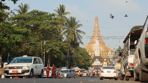 View Of Shwedagon Pagoda. 4k. 19 APR 2019 - Yangon, Myanmar.