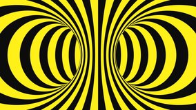 Black and yellow psychedelic optical illusion. Abstract hypnotic animated background. Spiral geometric looping warning wallpaper. Surreal modern safety dynamic backdrop. 3D seamless full HD animation