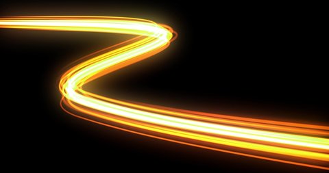 Orange neon glowing light tail, energy wave line with flash lights effect. Magic yellow glow swirl trace path, on black background, optical fiber technology and light in speed motion