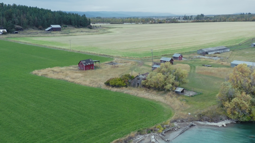 Aerial Of Old Abandoned Western Barns On A Ranch. Big Fork, Montana, USA 