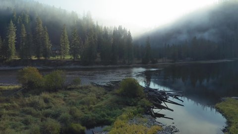 Aerial flying over the Lochsa river, stacked up tree logs and forest. Morning fog covering the the hills. Nez Perce Clearwater National Forests, Idaho, USA. 