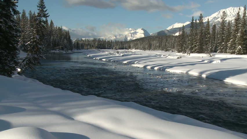Winter scenic of the Kootenay River in the Rocky Mountains of British Columbia,