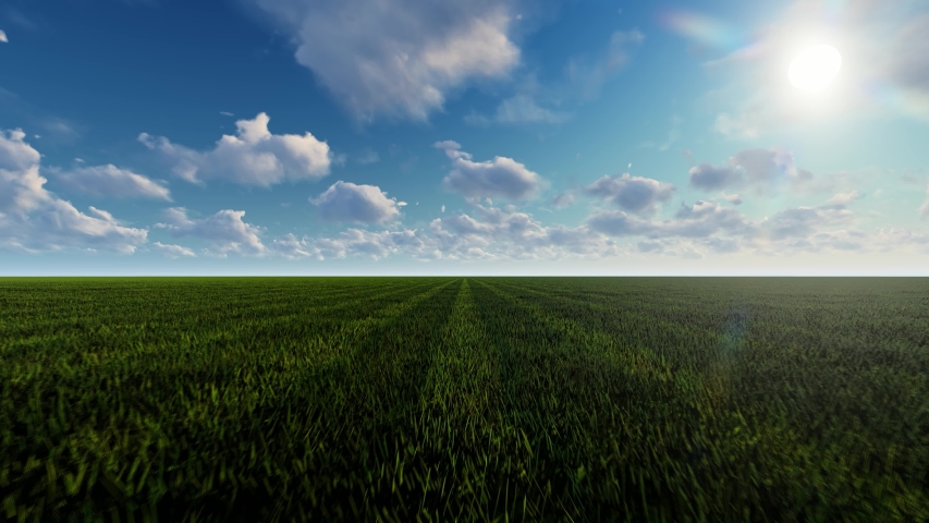 Green Meadow with sky and Clouds, 4K Animation, 3D Rendering