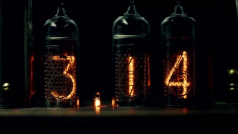Old fashioned electric lamp lights with numbers and shows number pi 3.14. 
