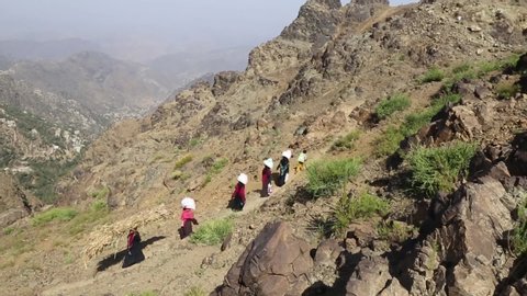 Taiz  Yemen - 02 Apr 2017: Women bring their food and drink needs through rugged mountain roads because of Al-Houthi militia siege of the villages of Jabal Habashi District in the west of Taiz City