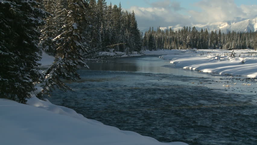 Winter scenic of the Kootenay River in the Rocky Mountains of British Columbia,