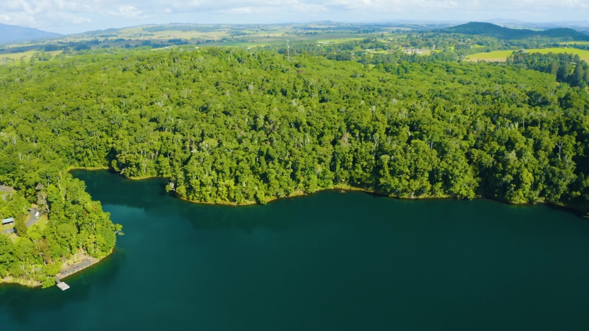 Aerial, beautiful view on Lake Eacham in tablelands in Queensland, Australia