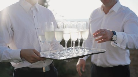 Crop man taking wine from waiter
Unrecognizable male in white shirt taking glass of champagne from tray while standing near waiter during wedding celebration in evening