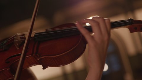 Girl's hand on the strings of a violin. 
