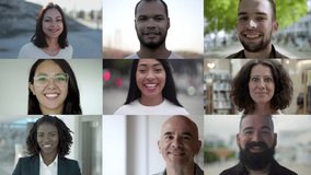 Diverse people smiling at camera. Multiscreen montage of various multiethnic men and women looking at camera. Emotion concept
