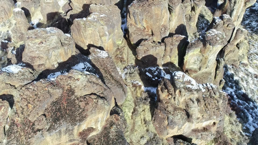 Downward view of rock pinnacles see in the desert
