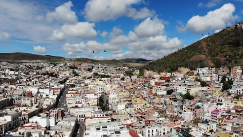 Zacatecas, Mexico 11/16/19 Aerial shot of the city of Zacatecas, in the background the hill of La Bufa and the cable car