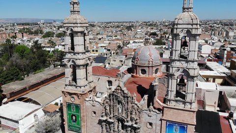 Aguascalientes, Mexico 07/28/19 aerial view of Sanctuary of Our Lady of Guadalupe is a religious building for the 18th century Catholic cult in the Baroque style. Mexican temple