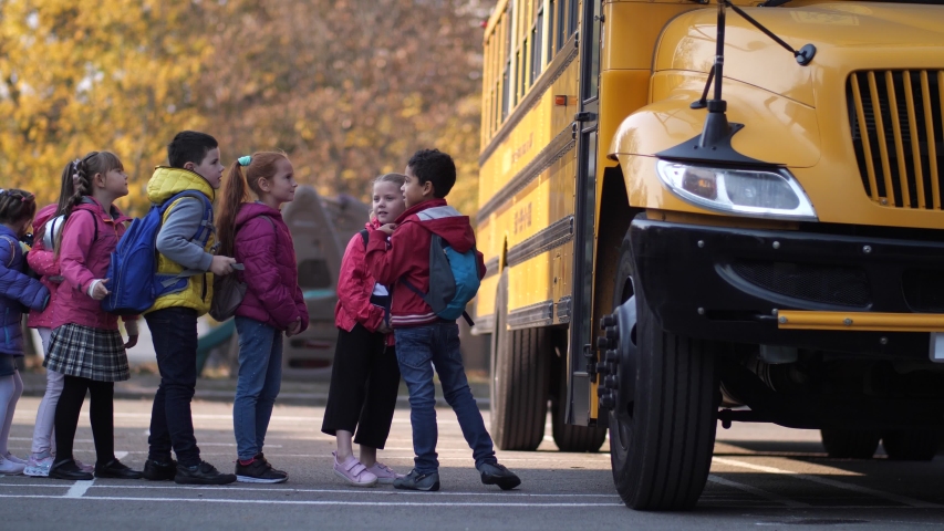 Cute schoolchildren standing in line waving hands while greeting school bus driver and entering transport to go home after studies. Elementary age kids waiting for school bus doors to open outdoors Royalty-Free Stock Footage #1043996653