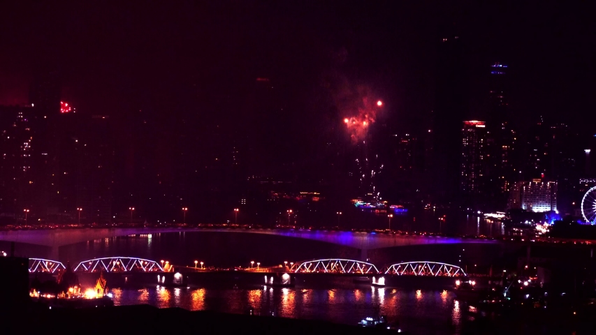 New Year celebrating in the city with fireworks in a holiday ,abstract image  background