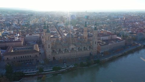 Sunset aerial over the Cathedral-Basilica of Our Lady of the Pillar Spain 
