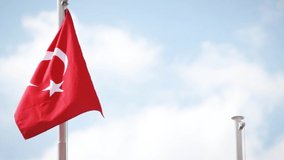 Turkish flag waving on flagpole with blue sky and clouds background. HD video without sound.