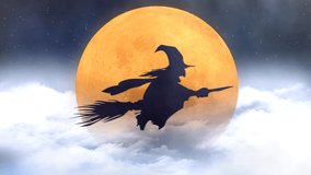 Witch Silhouette Flying Broom Past Orange Moon 4k Loop features the silhouette of a witch flying on her broom in front of an orange full moon with clouds rolling by in a loop. - Powered by Shutterstock - Get 15% off with code: PIKWIZARD15