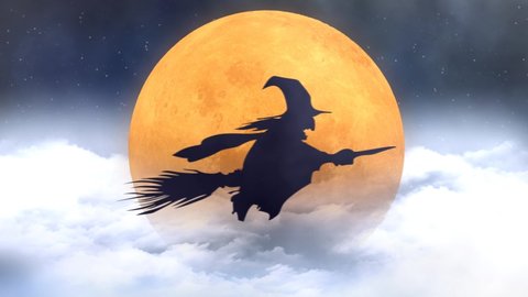 Witch Silhouette Flying Broom Past Orange Moon 4k Loop features the silhouette of a witch flying on her broom in front of an orange full moon with clouds rolling by in a loop.