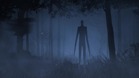 Slender Creature in Foggy Forest with Bats 4K Loop features a dark forest with a slenderman creature moving slightly with bats flying by in a loop.