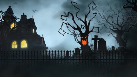 Haunted House with Tombstones and Animated Tree 4K Loop features a landscape with a haunted house and animated scary tree, full moon, clouds, and bats in a loop