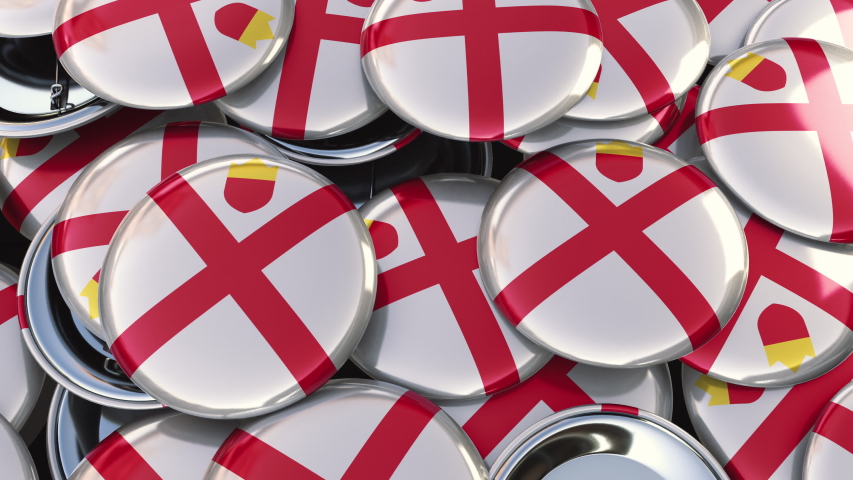 Looping 4K 3D animation panning over country flag badges pins buttons: Jersey
