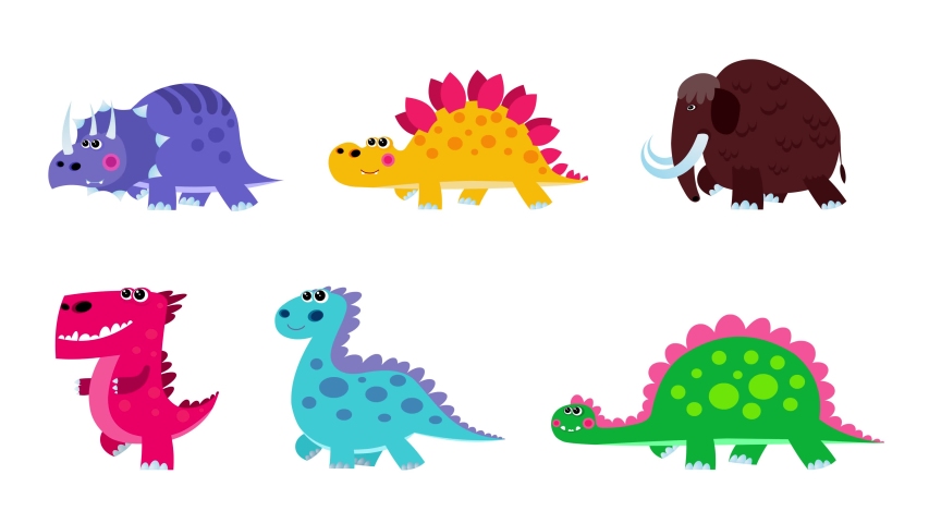 Cartoon five dinosaurs and mammoth flat design walking cycle. Alpha matte included. Cute 2d hand made prehistoric colour cute animals character animation with black outline. Ice age and before jurassi