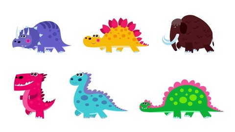 Cartoon five dinosaurs and mammoth flat design walking cycle. Alpha matte included. Cute 2d hand made prehistoric colour cute animals character animation with black outline. Ice age and before jurassi